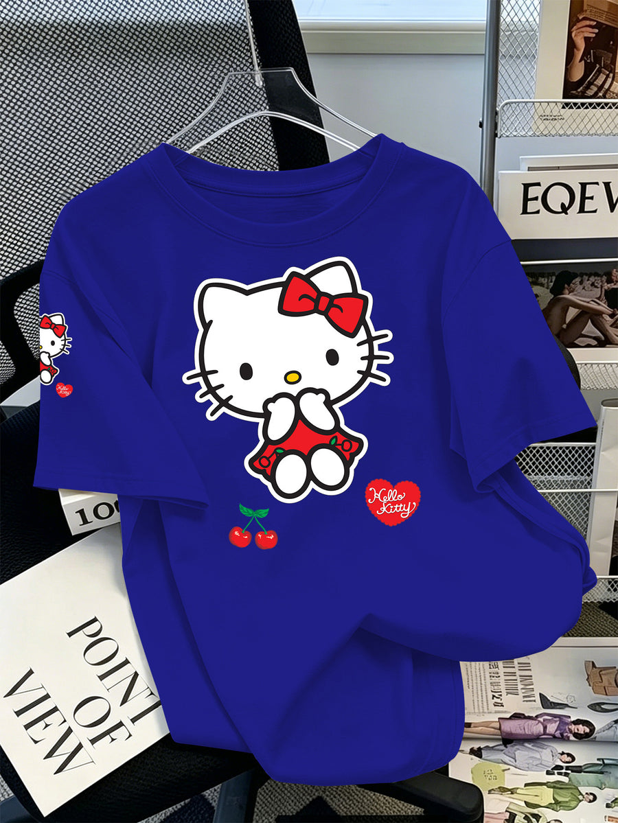 Sanrio Authorized Hello Kitty Print Women'S T-Shirt, Double Cherry Sweet Style for Spring And Summer, Machine Washable Without Deformation, Showcasing Refreshing Temperament - Blue