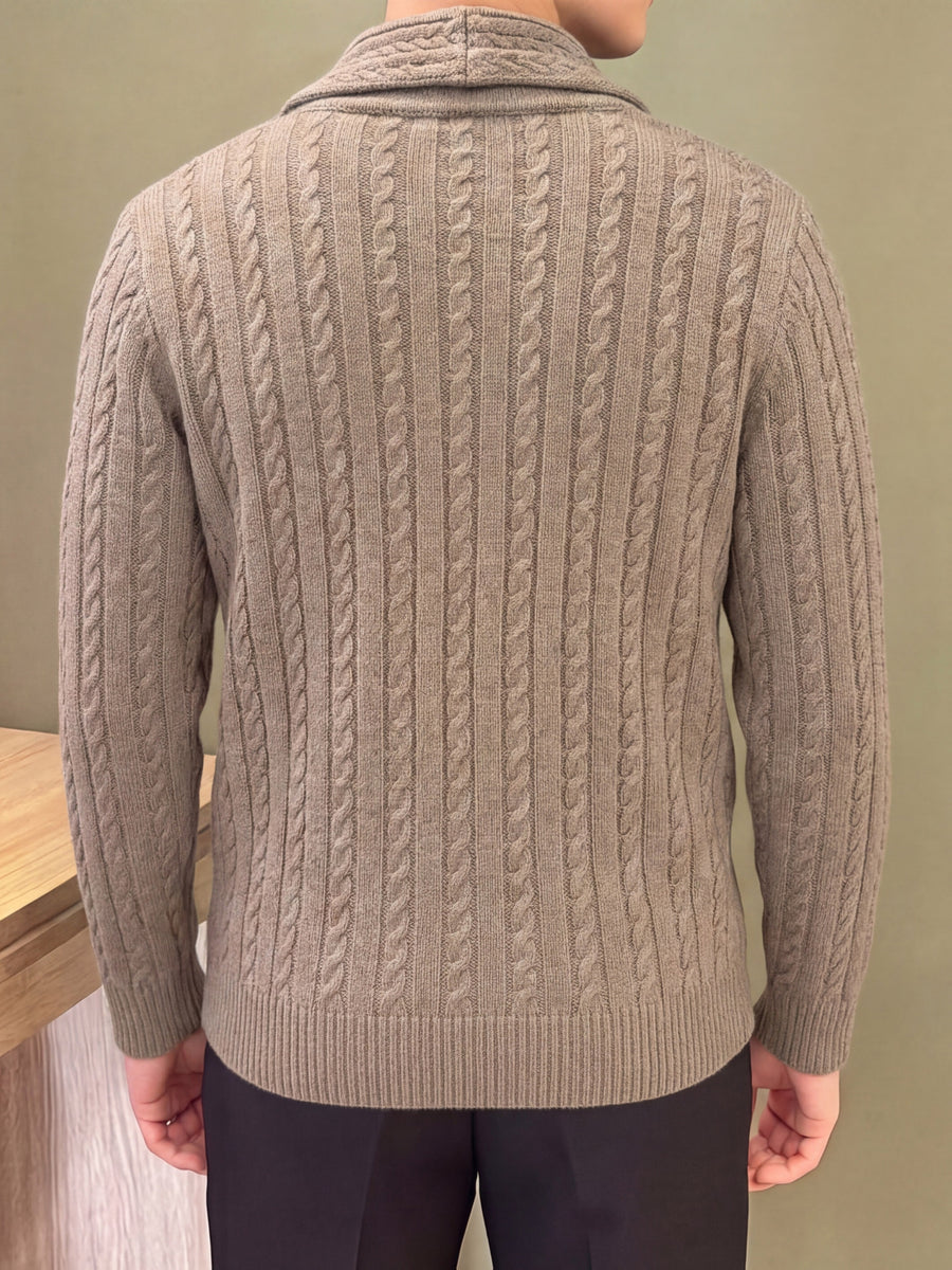 Autumn Winter Men'S Button-Up Sweater, Lapel Sweater Jacket, Solid Color Twisted Rope Cable Pattern, Casual Retro Style, Comfortable Soft Fabric, Men'S Outerwear, Men'S Sweater, Knit - Khaki