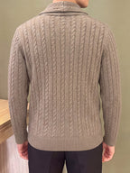 Autumn Winter Men'S Button-Up Sweater, Lapel Sweater Jacket, Solid Color Twisted Rope Cable Pattern, Casual Retro Style, Comfortable Soft Fabric, Men'S Outerwear, Men'S Sweater, Knit - Khaki