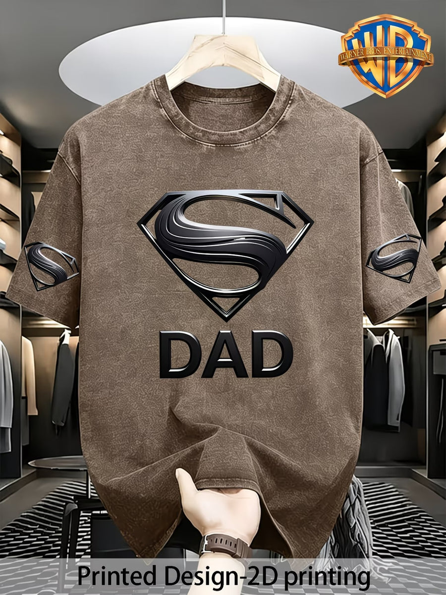 Printing Design - Not Stereoscopic 2D Flat Printing Warner Official Superman Classic "S" Shaped Shield Logo Superman Dad Print T-Shirt, [Print Design Non-Stereoscopic] American Retro Distressed Black Short Sleeve - Coffee Brown