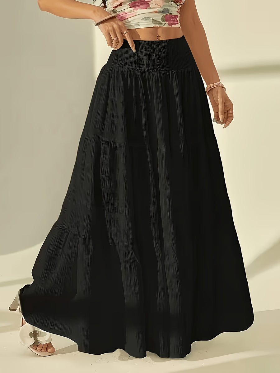 Bohemian Tiered Maxi Skirt, High-Waist Smocked A-Line Flowy Long Skirt, Casual Loose Pleated Solid Color Skirt for Beach Vacation Daily Wear, Women'S Fashion - Black