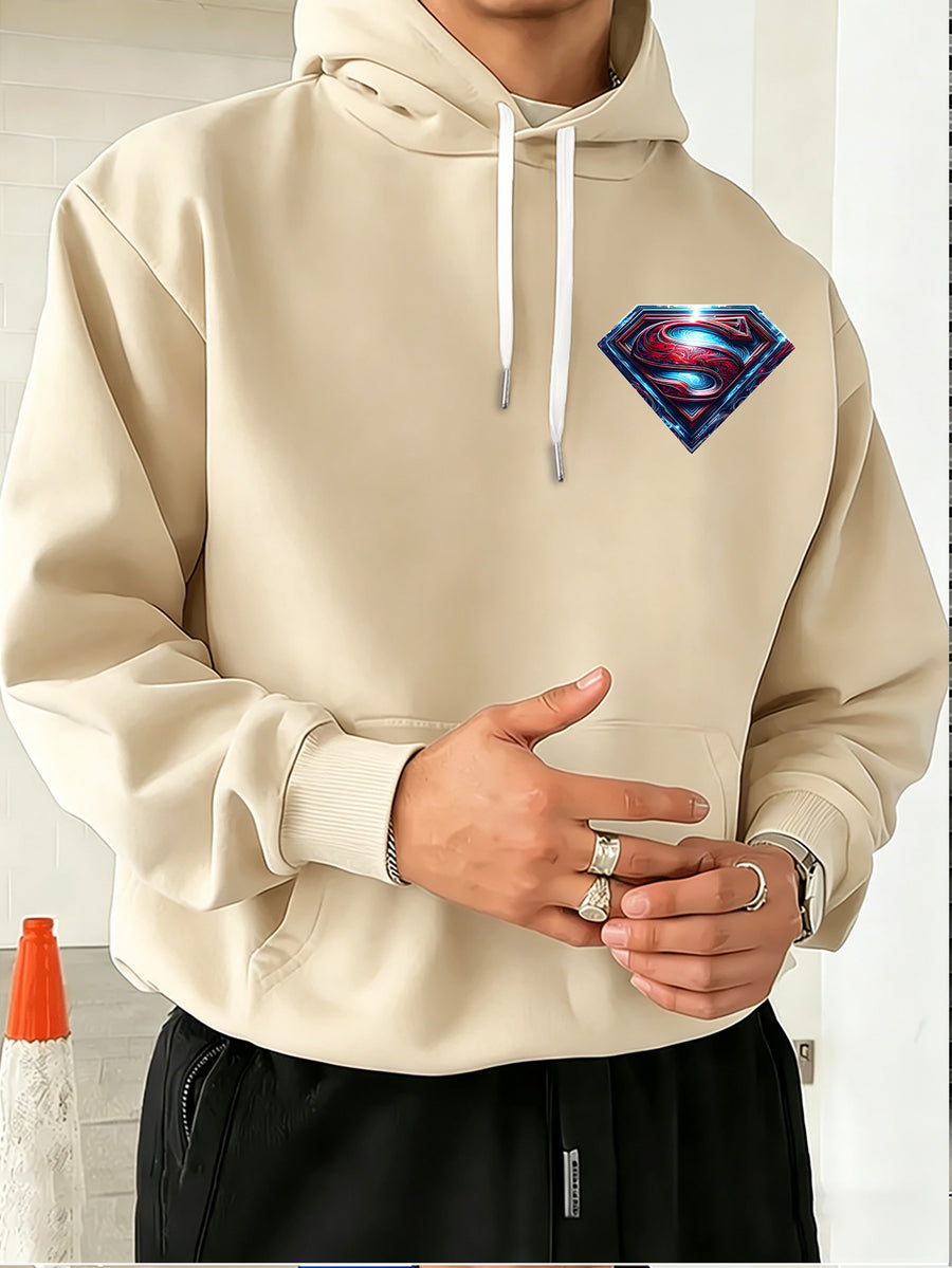 Warner Bros. Official Light and Shadow Superman S-Logo Printed Hooded Sweatshirt — Unisex Loose Pullover, Suitable for Casual, Sports, and Daily Wear, Machine Washable and Warm, for Autumn and Winter - Apricot