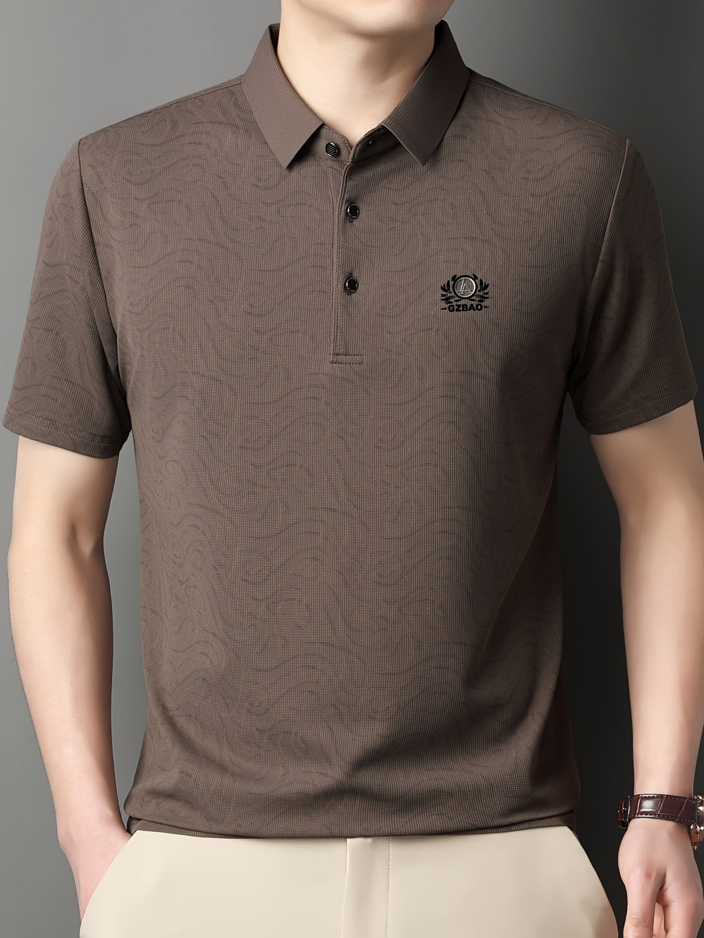 [Saa Xing OBM] 1pc Spring/Autumn New Men'S Polo Shirt, Old Money Style Textured Contrast Print Half-Button Collar Short Sleeve T-Shirt, Fashionable And Versatile Pullover Base Layer Top, Suitable for Spring, Summer, Autumn Wear, Fits Daily Casual - Coffee Color