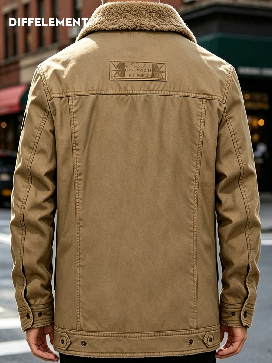 DIFFELEMENT Retro Workwear Style Fleece Thickened Men'S Lapel Work Jacket Lamb Fleece Fleece Lining Single Button Front Closure Cold-Proof Coat Chest Flap Patch Pocket Side Patch Pocket Warm And Cold-Resistant Wearable in Cold Weather Daily And Outd - Khaki