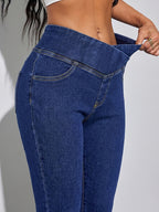 Y2K Streetwear V-Cut Cross Waist Flare Jeans for Women - Solid Lifting Stretchy Low-Rise Bell Bottom Denim Trousers - Blue