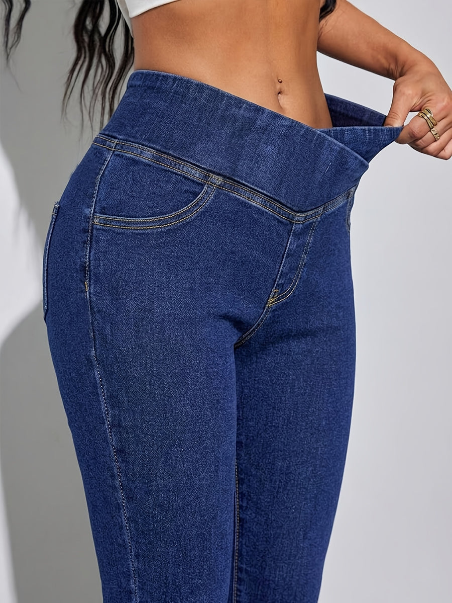Y2K Streetwear V-Cut Cross Waist Flare Jeans for Women - Solid Lifting Stretchy Low-Rise Bell Bottom Denim Trousers - Blue