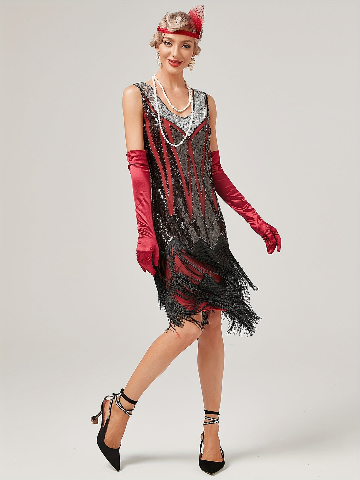 1920s Retro Sequin Gatsby Party Dress with Tassels, Short Sleeve Evening Gown for Banquets and Toasting Ceremonies - In Stock - Black&Red