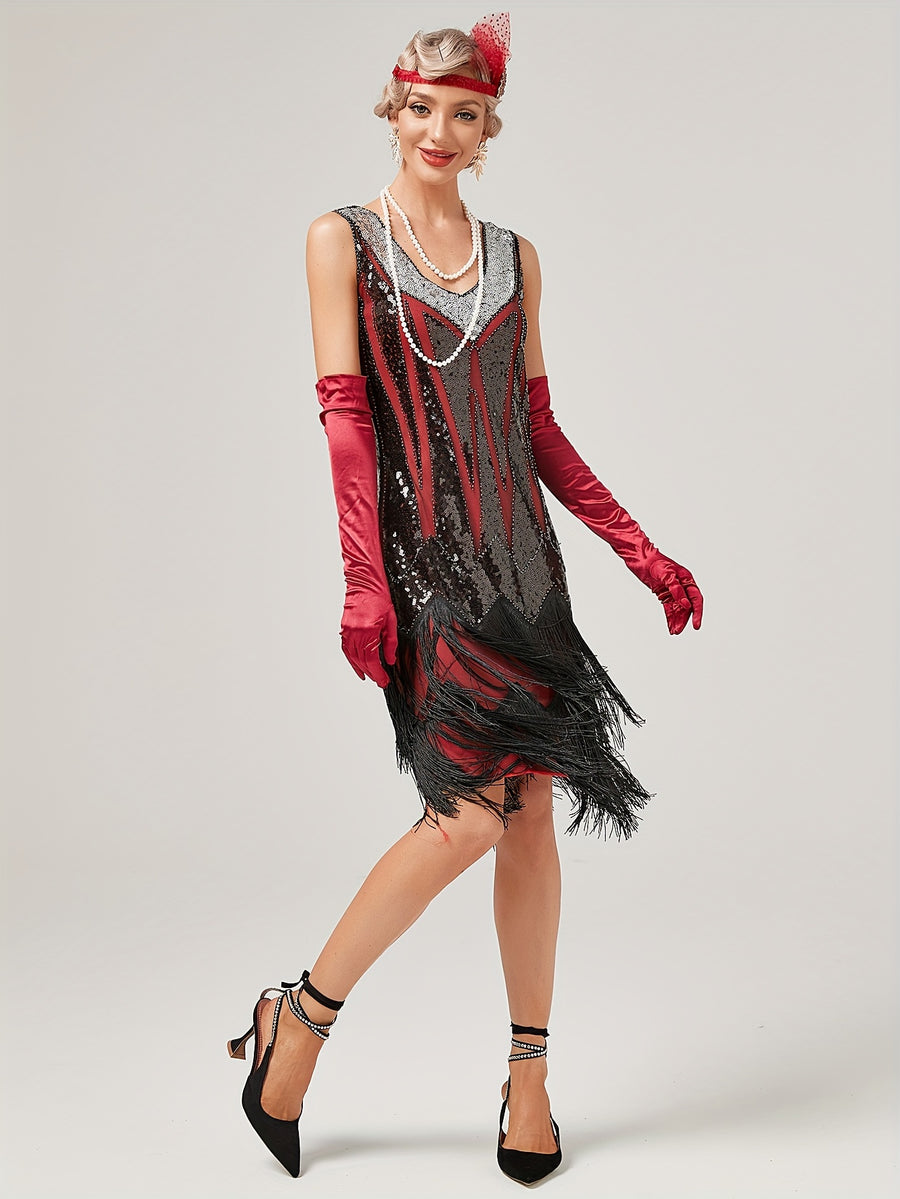 1920s Retro Sequin Gatsby Party Dress with Tassels, Short Sleeve Evening Gown for Banquets and Toasting Ceremonies - In Stock - Black&Red