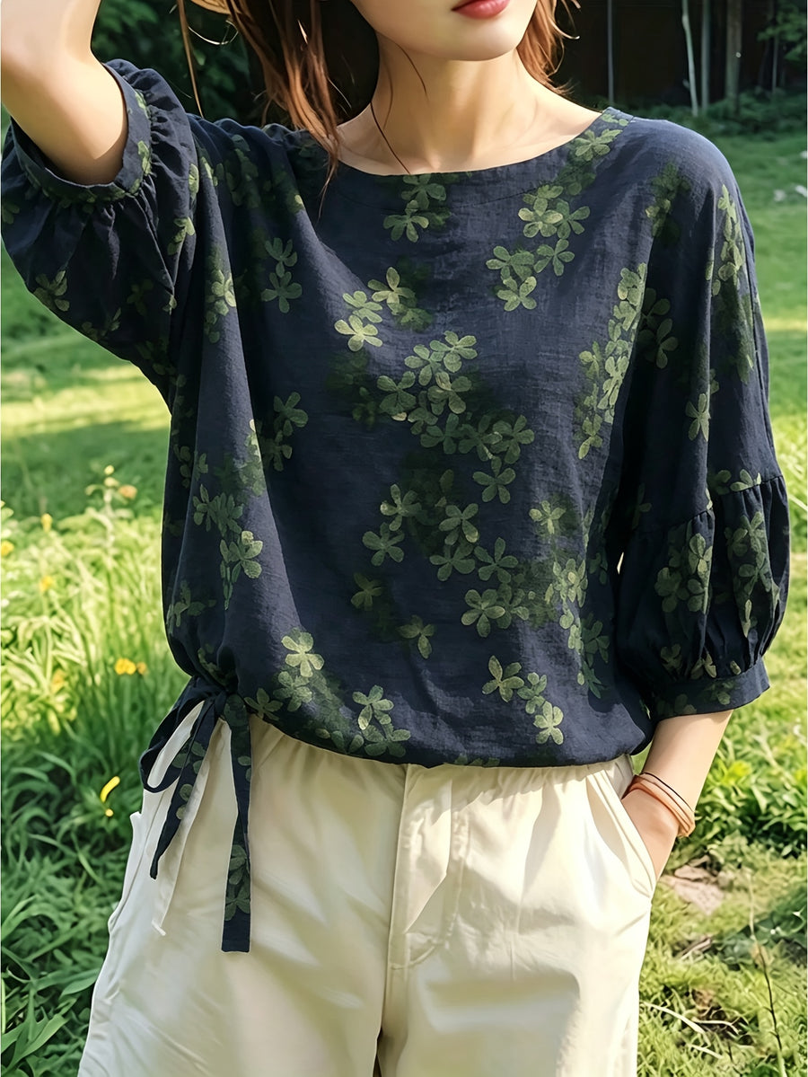 Vintage Forest-Style Floral and Botanical Print Blouse with Crew Neck, Lantern Sleeves, Side Drawstrings, Loose Fit, Effect, Five-Quarter Sleeves for Casual Outings - Sea Blue