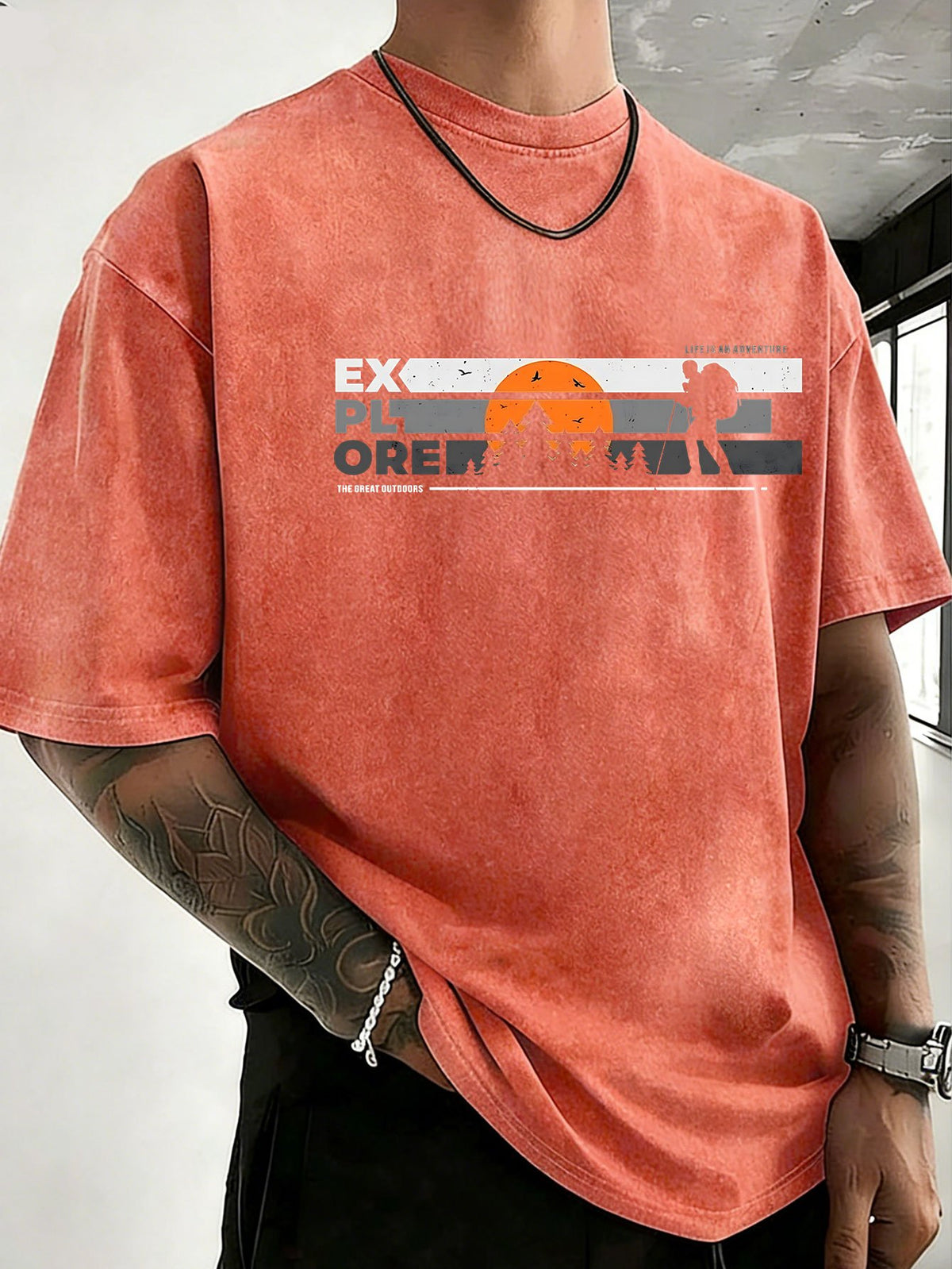 Short Sleeve T-Shirt Men'S Heavy Washed Distressed Loose Top Trendy Reversible Double-Sided Print Overbearing Flame Tiger Head Dark Trendy Print 12 Colors Random Match High Street Hip-Hop Style Daily Commute Fitness Couple Style Street Style Nationa - Orange