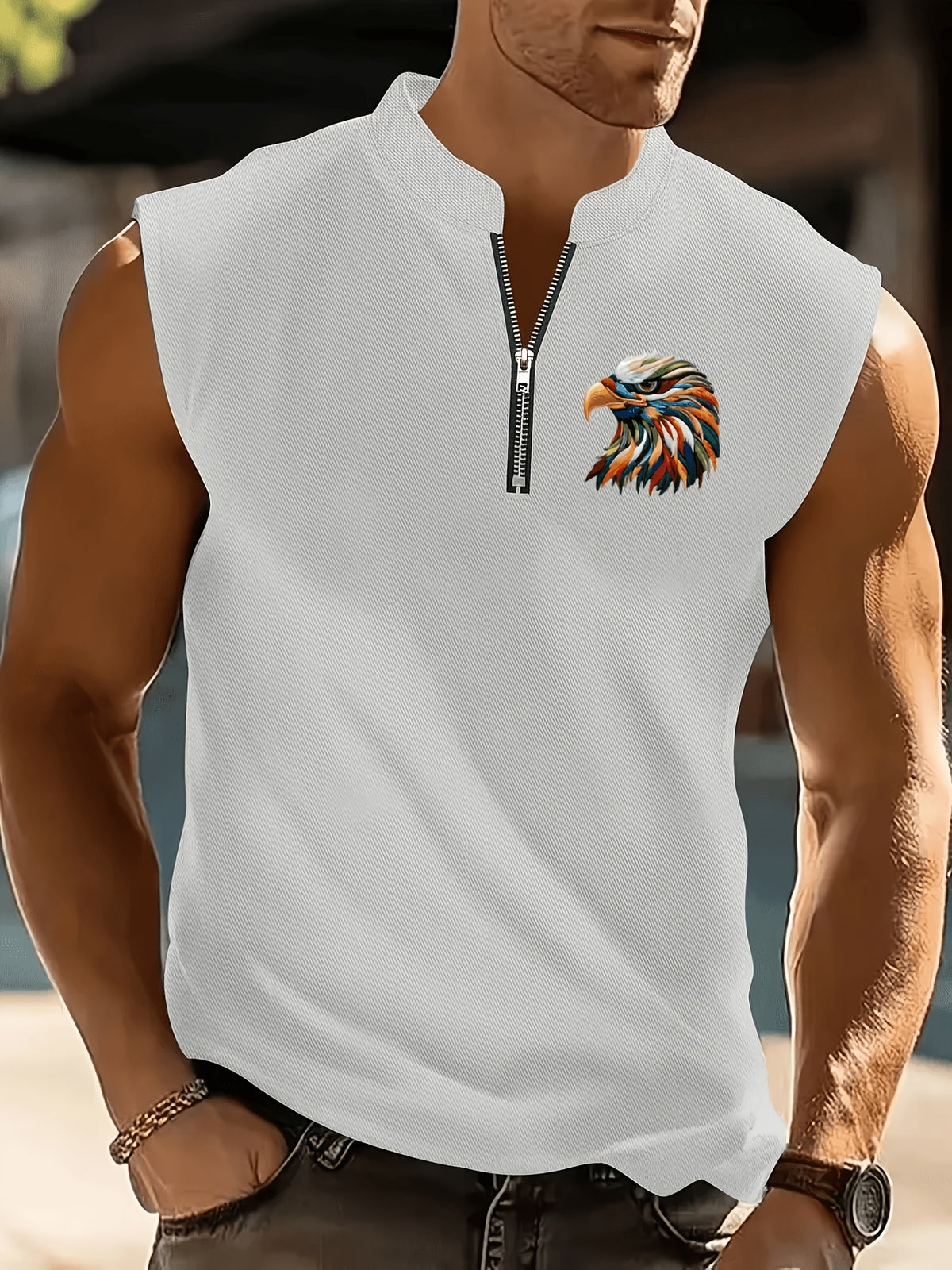 Men'S Summer New Style Sleeveless Zipper Henley Shirt, Outdoor Fitness Sports Comfortable Casual Fashion Sleeveless POLO Top - Dark Gray