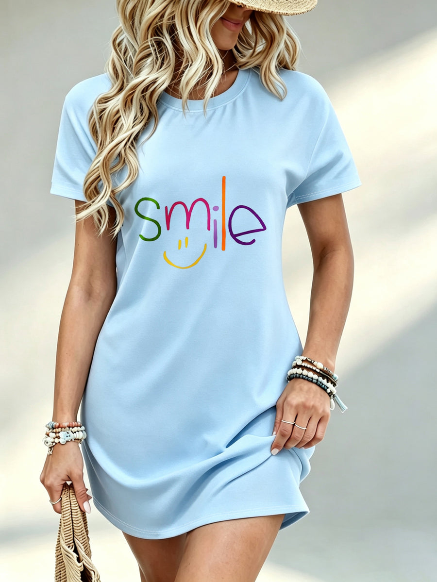 Printed Design Not Textured, Casual Women Dress, Smile Graphic Print, Summer Beach Outing, Gift for Girlfriend, 100 Percent Polyester - Sky Blue