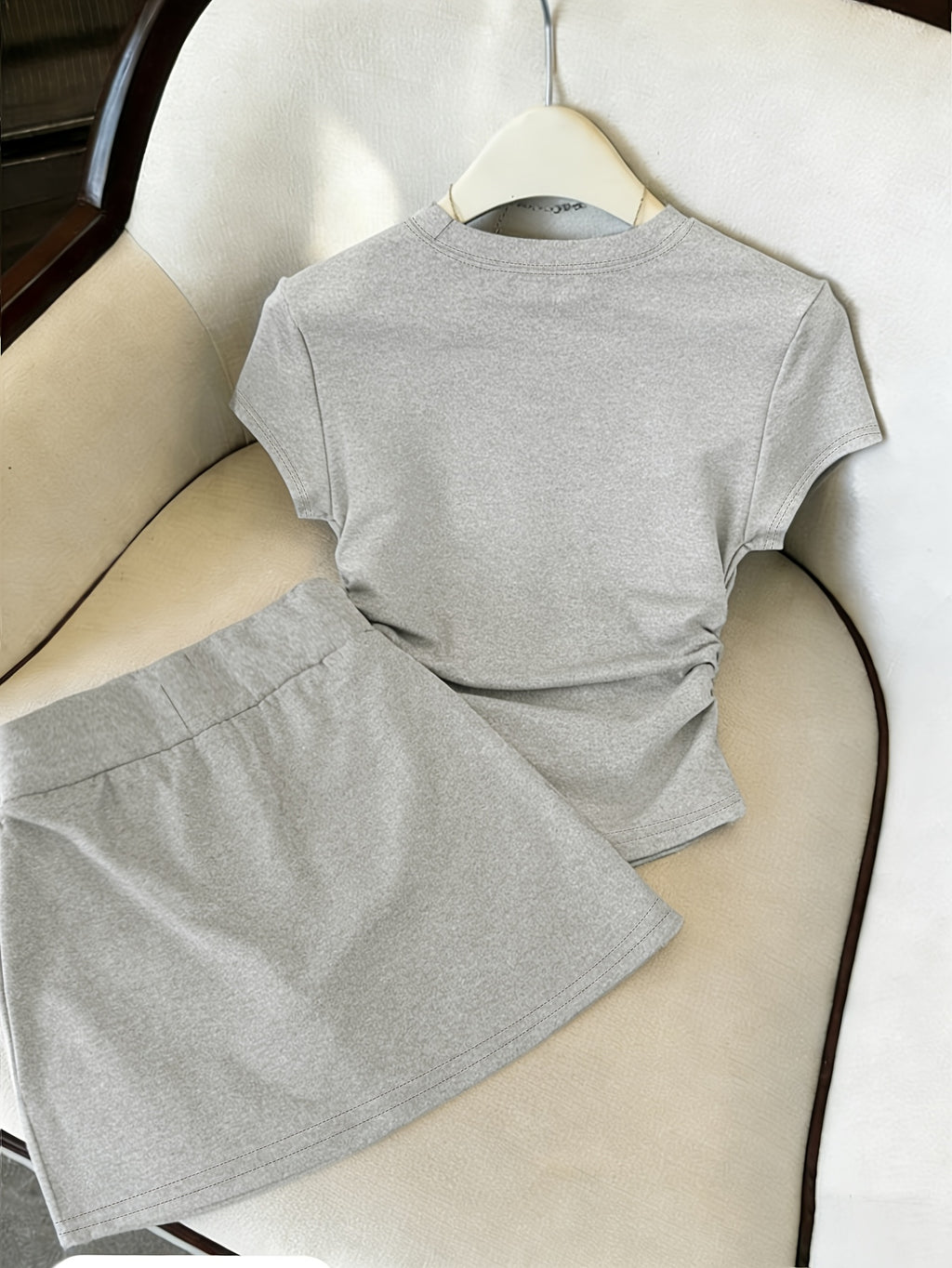 New Summer Bowknot Casual 2pcs Set for Women, Slim-Fit Short Sleeve T-Shirt + Drawstring Mini Skirt, Sweet and Spicy Style, and Versatile Swear Set - Grey