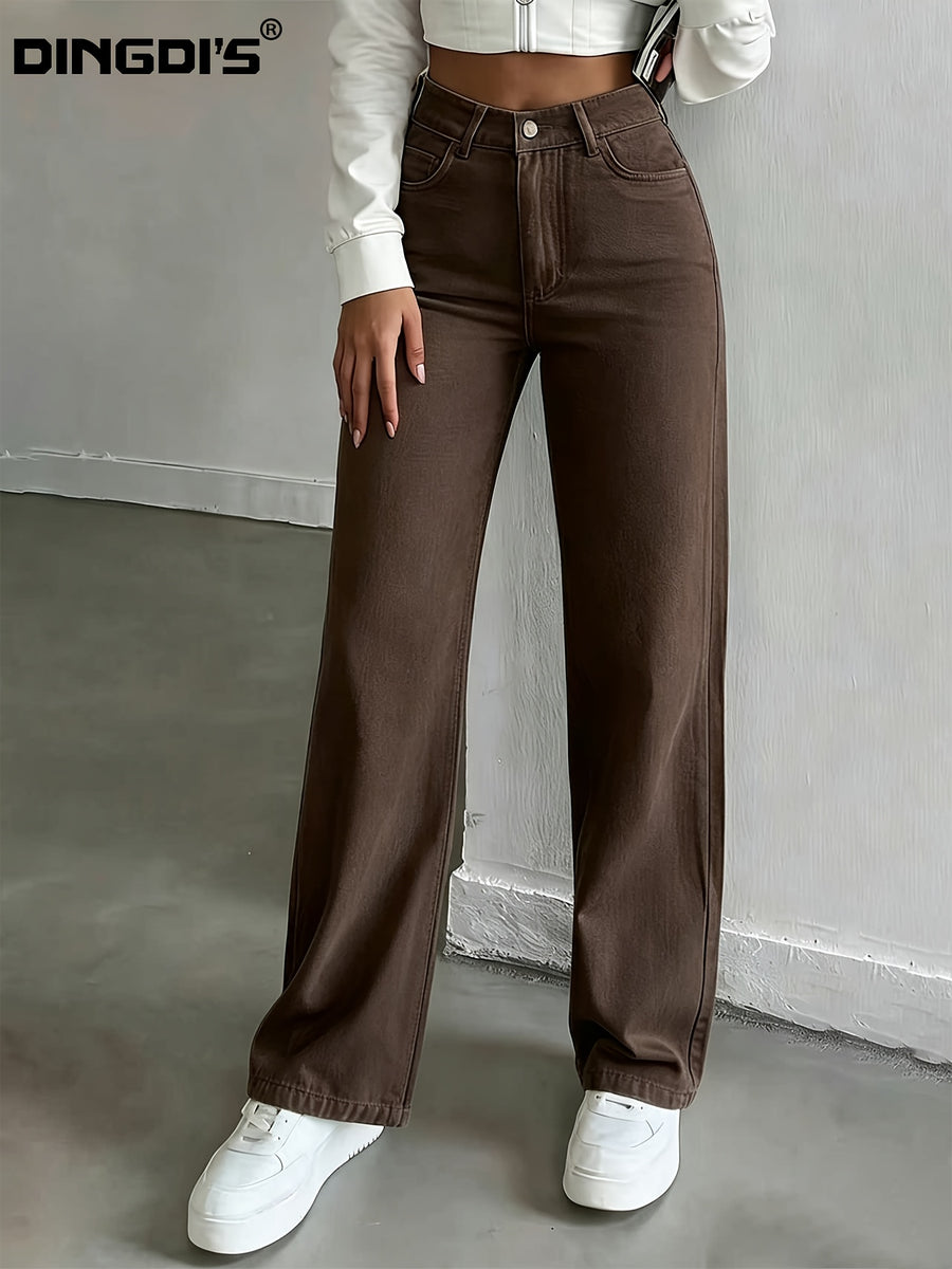 Ladie's 2026 New Stretch Straight-leg Jeans, High-waisted and Cinched Denim Long Pants, 90s Women's Clothing, Washed Solid-color Business Casual Pants with Pockets, Suitable for Travel, Shopping, and All-season Denim Pants - Coffee Color