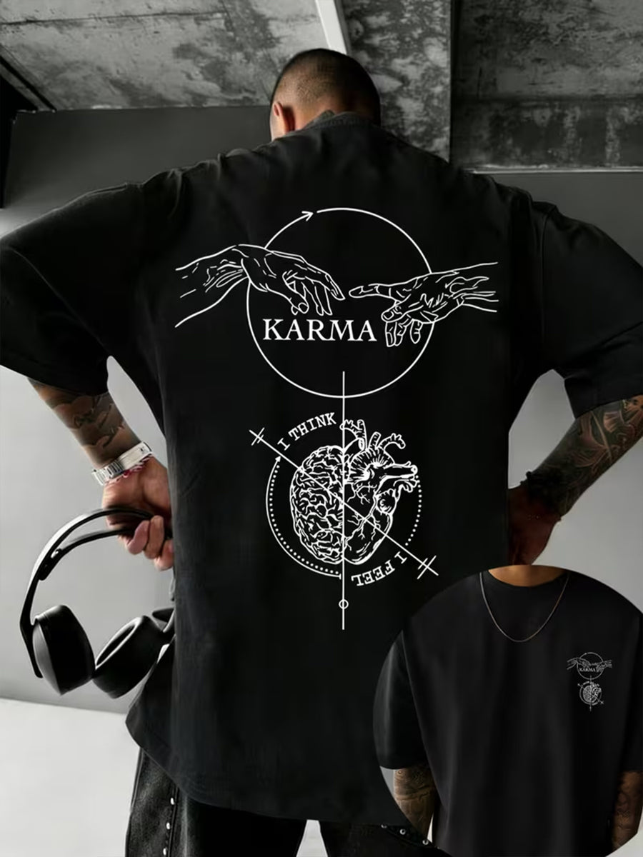 Causal Reincarnation Brain Heart Hand-Drawn Men'S Pure T-Shirt, Front And Back Double-Sided Genesis Hand, Half-Brain Heart Line English Print with Niche Dark Art Atmosphere, 100% Fabric Breathable And Skin-Friendly - Black