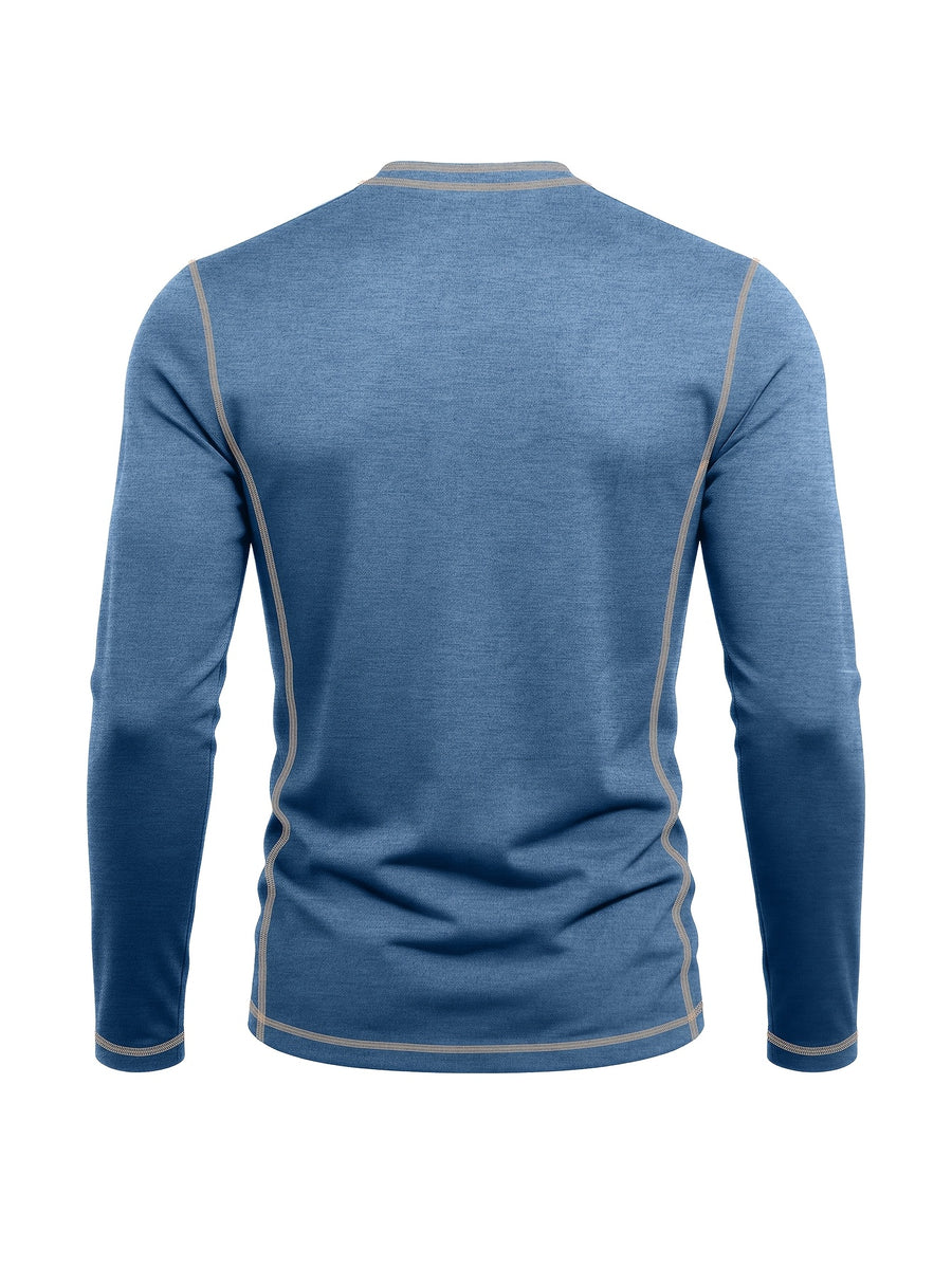 Men's Retro Patchwork T-Shirt - Solid Color Base with Contrast Patch Suitable for Fall/Winter, Round Neck Long Sleeve Casual Layering Top, Machine Washable Blending Shirt for Outdoor & Casual Attire (Regular Fit) - Blue