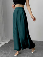 Women's Wide-Leg Pants, Simple Loose Long Pants, Flowing and Lightweight, Casual Elegant Style - Malachite Green