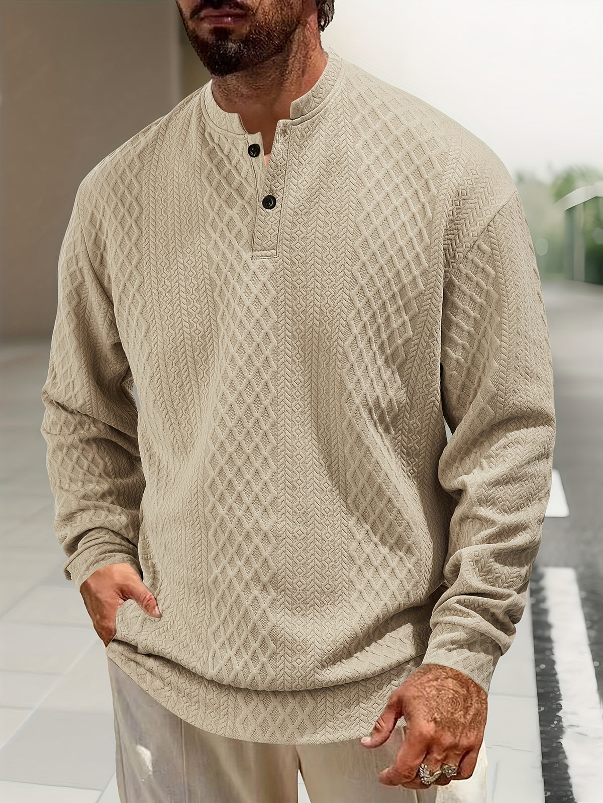 New 3D Jacquard Fabric Henley Shirt - Khaki