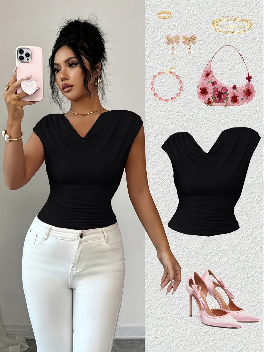 Spring/Summer Fashionable and Elegant Ruffle Pleat Collar Daily Casual T-Shirt - Black