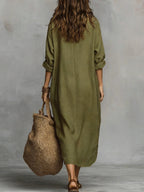 Women's Elegant Lapel Loose-Fit Long Sleeve Maxi Dress, Skin-Friendly and Breathable Faux Linen Fabric, Versatile for Vacation, Commuting, and Daily Wear, Flattering and Minimalist Design, Relaxed Style Long Dress for Spring, Summer, and Autumn - Military Green