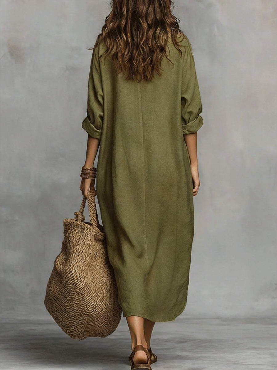 Women's Elegant Lapel Loose-Fit Long Sleeve Maxi Dress, Skin-Friendly and Breathable Faux Linen Fabric, Versatile for Vacation, Commuting, and Daily Wear, Flattering and Minimalist Design, Relaxed Style Long Dress for Spring, Summer, and Autumn - Military Green