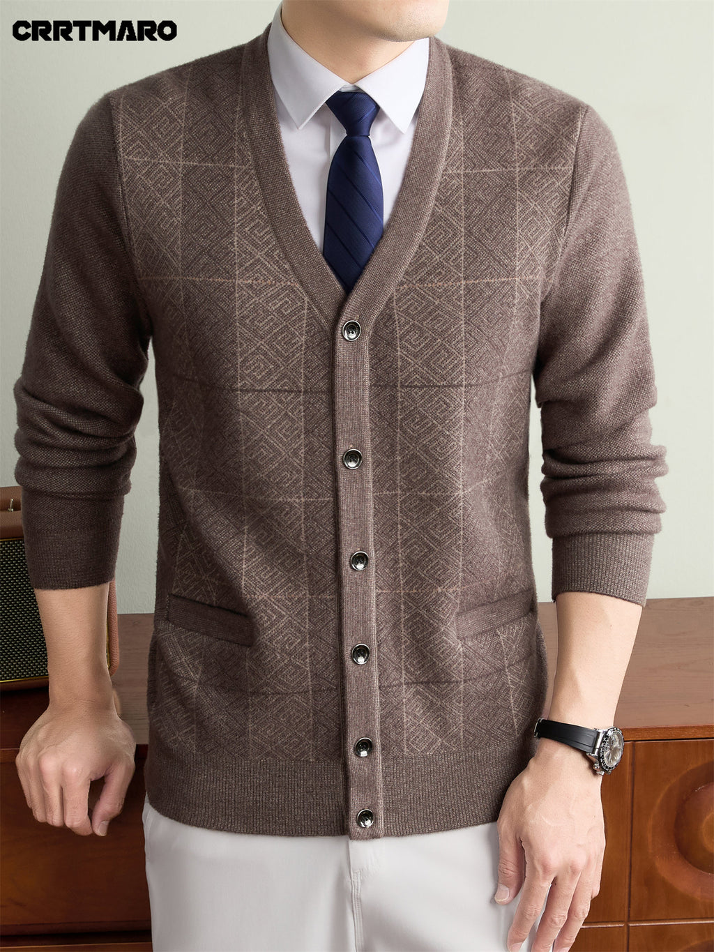 Men'S Thick V-Neck Knit Cardigan, Warm Casual Layering Top for Fall And Winter - Camel