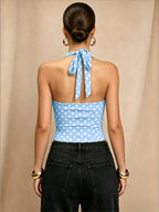 European and American Women's Summer Polka Dot V-Neck Halter Neck Backless Cropped Camisole Top - Light Blue