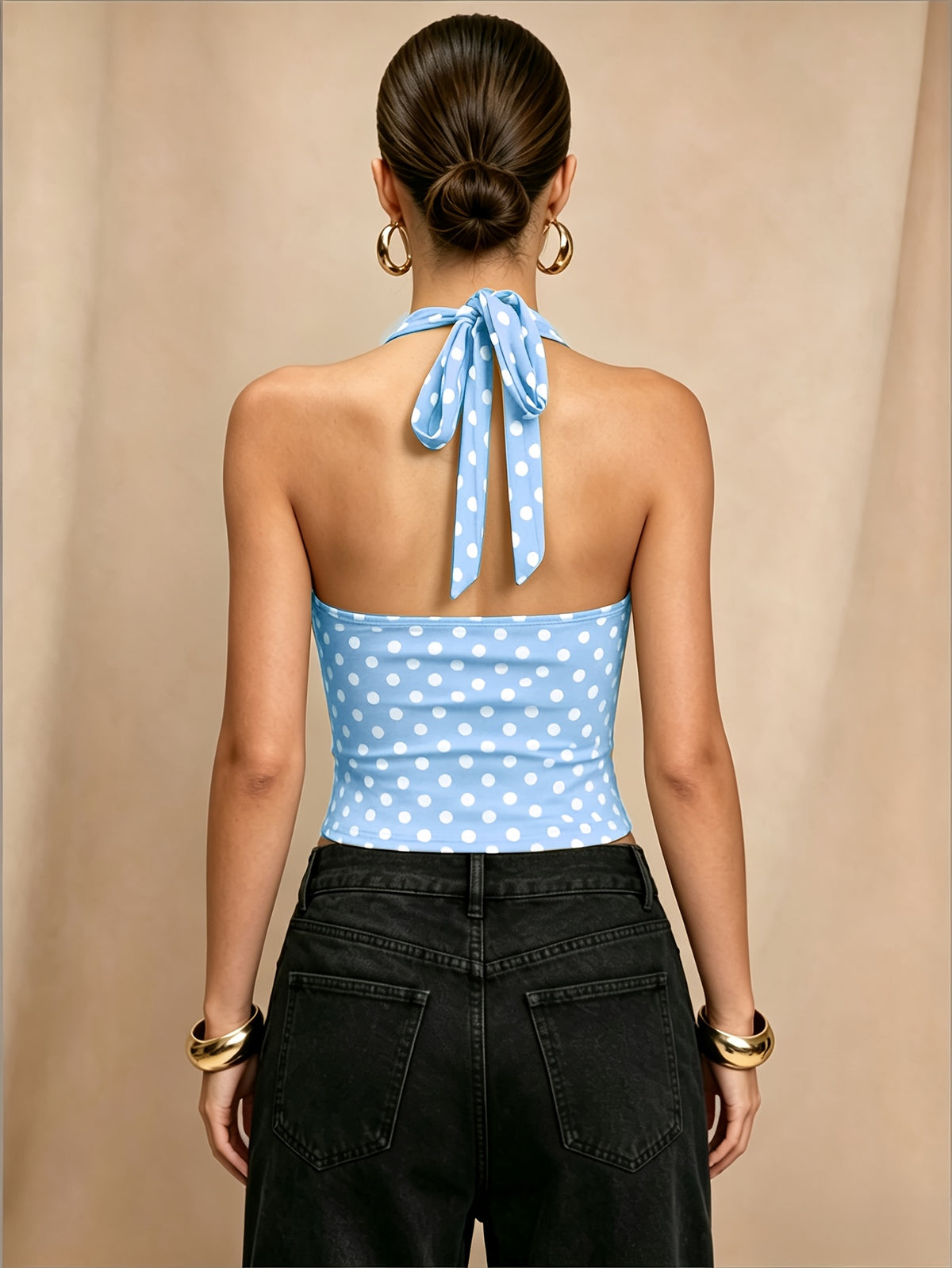 European and American Women's Summer Polka Dot V-Neck Halter Neck Backless Cropped Camisole Top - Light Blue