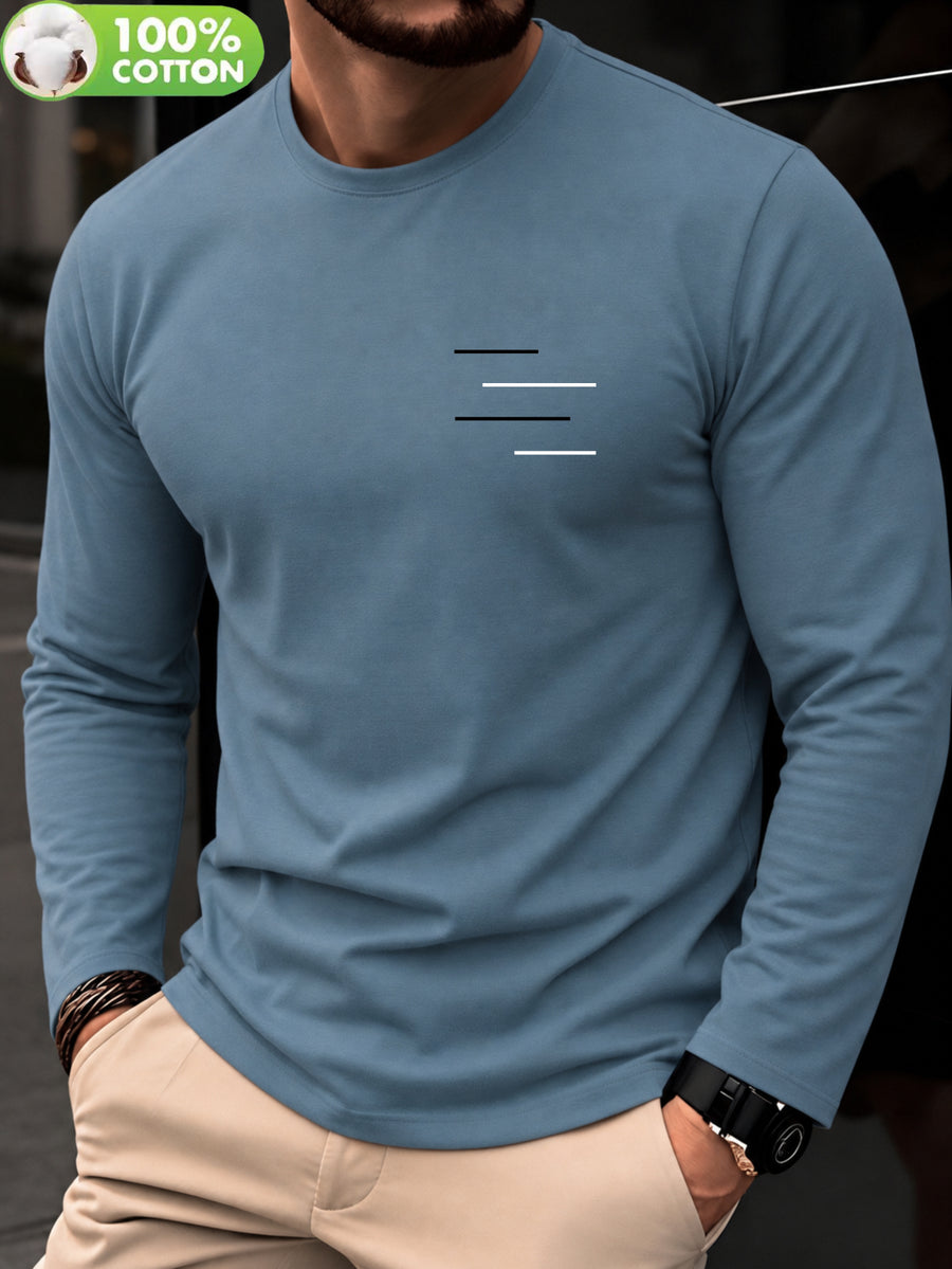 100% Cotton Men's T-Shirt, Spring Long Sleeve Thin Top, Trendy, Fashionable, Simple, Casual, Versatile, Suitable for Commuting and Daily Wear, Geometric Line Pattern, Stylish, Elegant, , and Fun - Blue