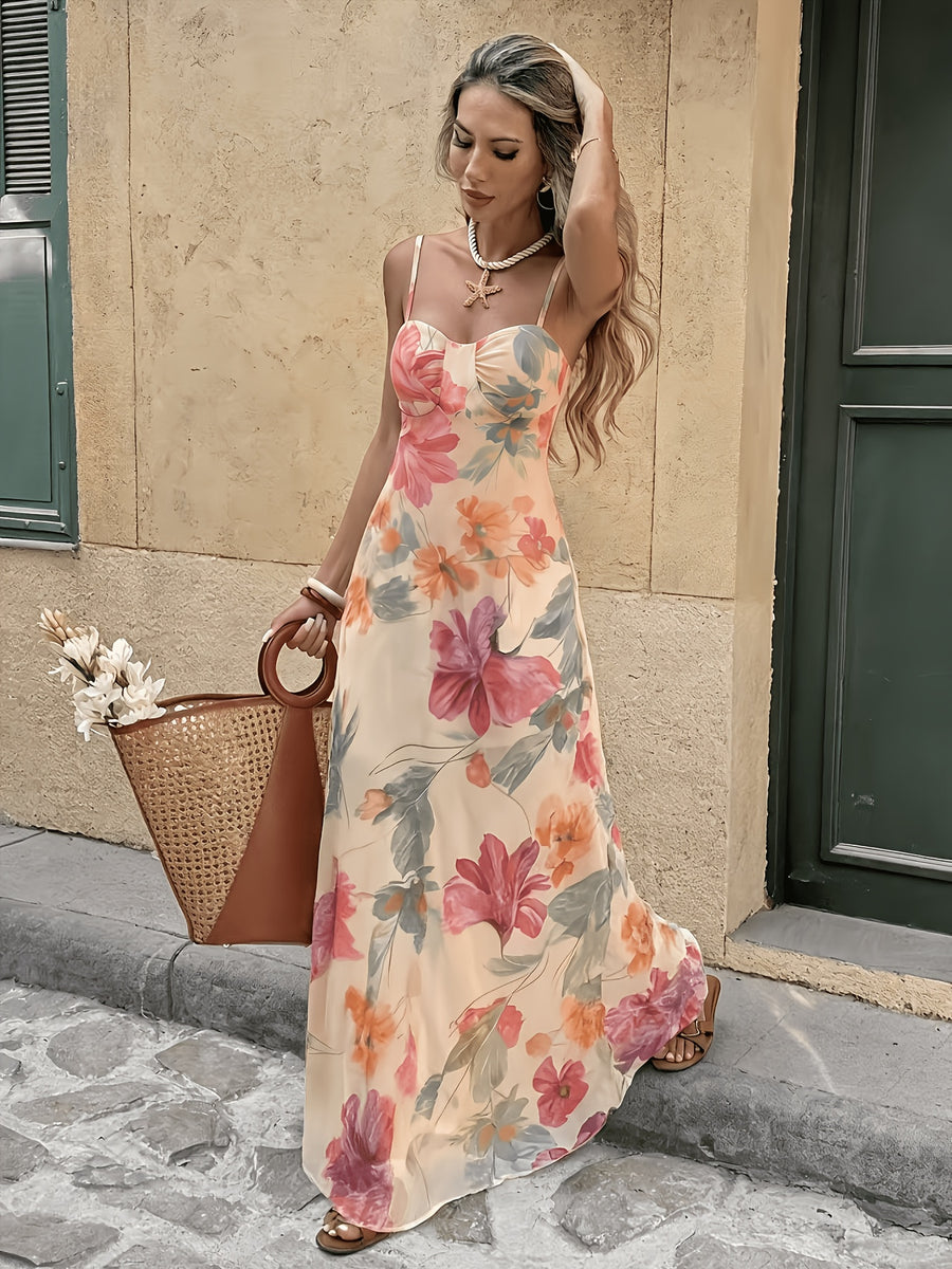 Women's New Spring/Summer Casual Date & Vacation Style Floral Print Spaghetti Strap V-Neck Waist-Cinching Elegant Dress - Mixed colors