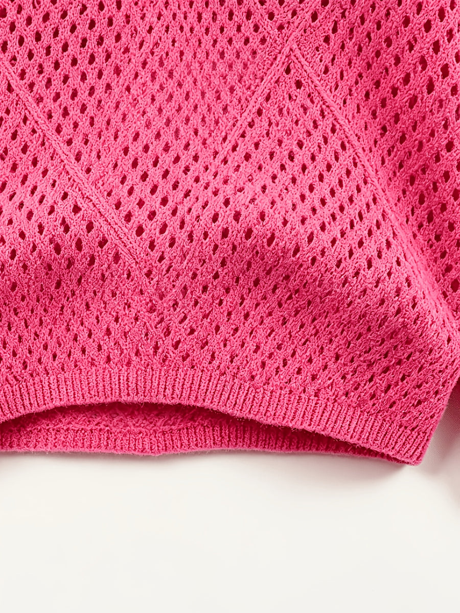Women's Pullover V-Neck Soft Sweater, Loose Hollow-Out Top, Gentle Style Top, Fashionable, Soft Fabric, Versatile Long-Sleeve Batwing Shirt, Breathable Cover-Up - Dark Pink