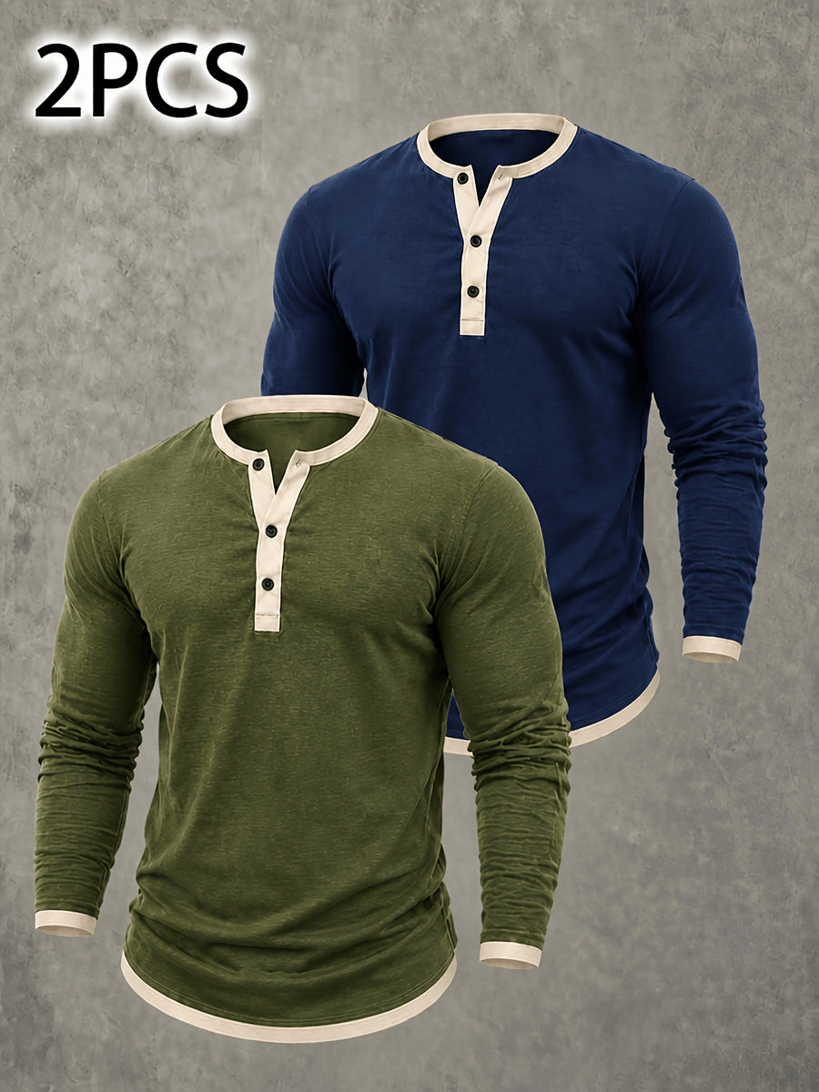 Men's Retro Color-Block Cotton And Linen Blend Button-Up Henley Long Sleeve Polo Shirt, 2pcs. Breathable & Relaxed Fit. Casual Outdoor, Work & Party Wear. Versatile Spring/Fall/Autumn Layering Essential - Army Green+Navy Blue