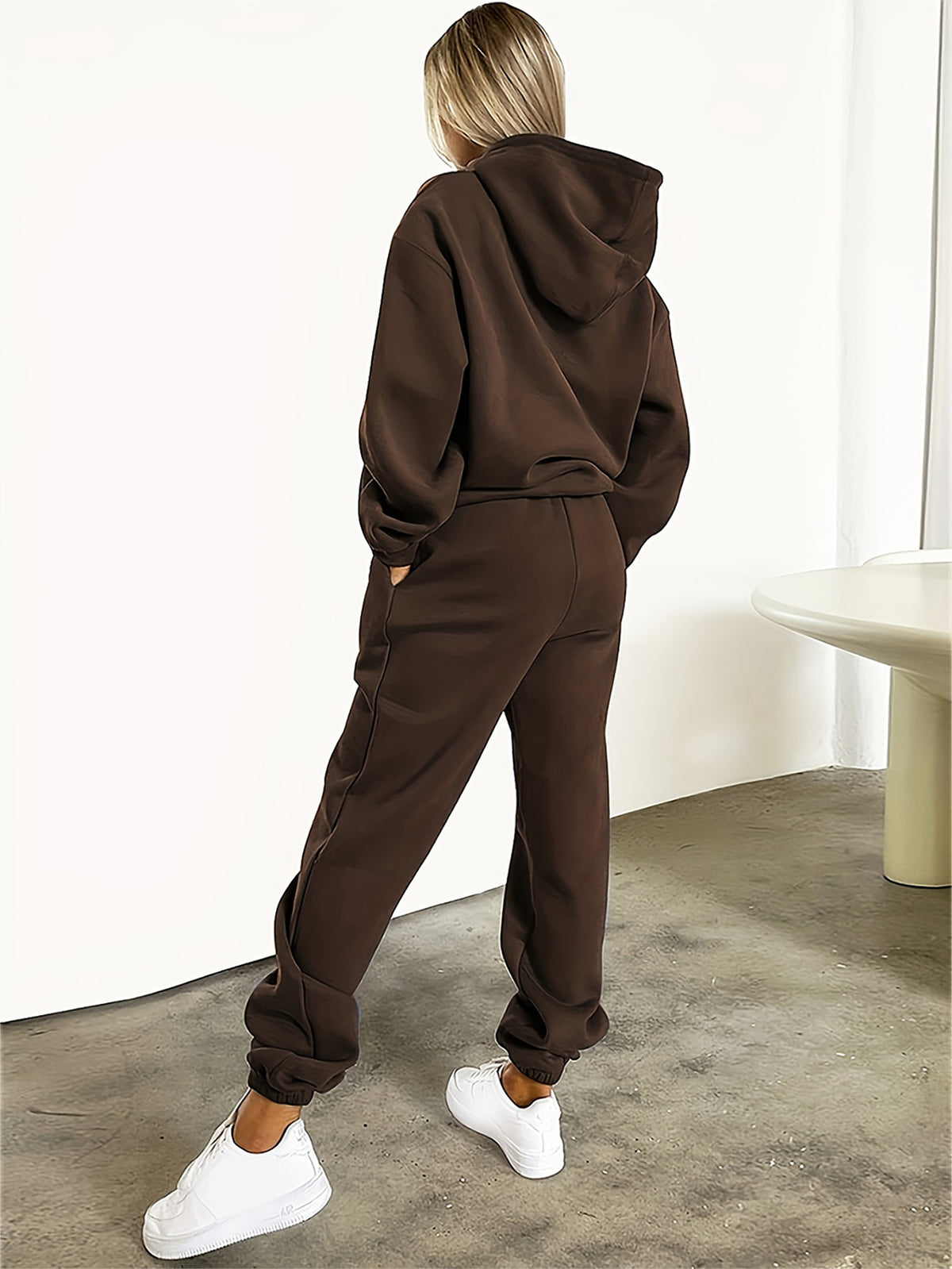 Autumn Winter Trendy Fashion Hooded Drawstring Sweatshirt And Joggers Women'S Set MILANO Letter Print Easy Letter Style Hooded Drawstring Design with Front Kangaroo Pocket Cold Weather Comfortable Wear Classic Silhouette Comfortable Fit Casual Home - Coffee Color