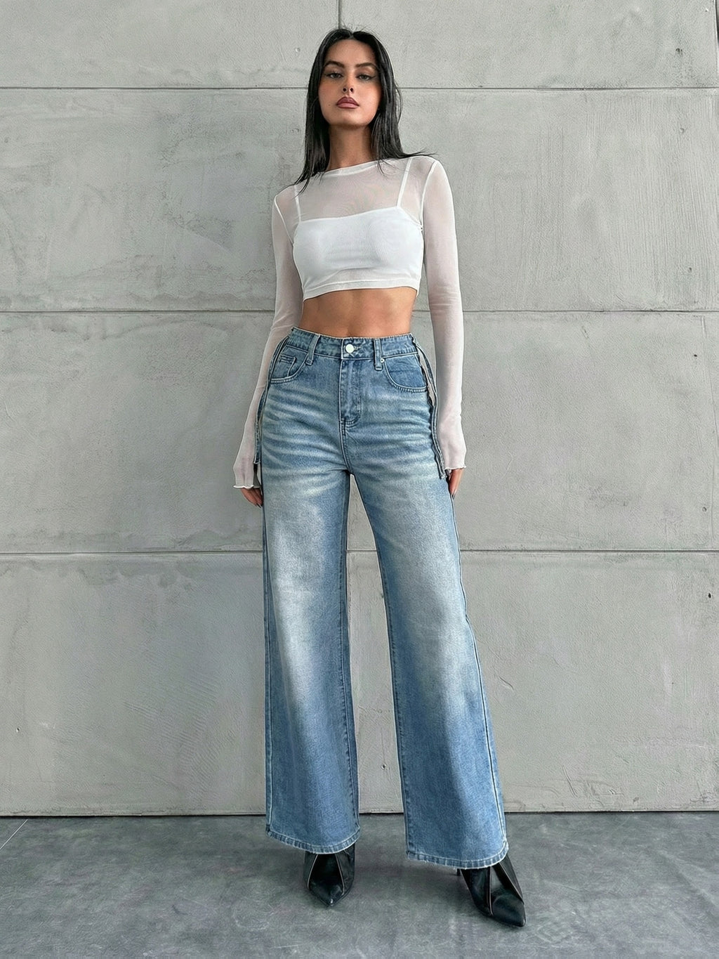 Women'S Casual Straight-Leg Loose Jeans with Pockets, Fashionable Straight-Leg Jeans, Washed Loose Denim, Vintage Casual Style, Wide-Leg High-Waist Suitable for Daily Wear, Comfortable, Suitable for All Seasons - Sky Blue