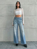 Women'S Casual Straight-Leg Loose Jeans with Pockets, Fashionable Straight-Leg Jeans, Washed Loose Denim, Vintage Casual Style, Wide-Leg High-Waist Suitable for Daily Wear, Comfortable, Suitable for All Seasons - Sky Blue