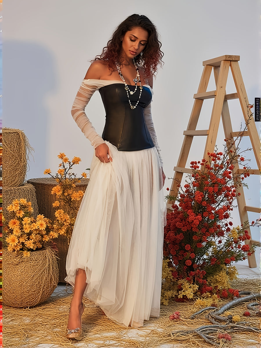 Women Elegant Black White Contrast Halter Neck Mesh Patchwork Dress Wedding Party Vacation Date - Black