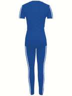 Women'S Casual Two-Piece Set with Round Neck And Short Sleeves Featuring Printed Letters - Royal Blue