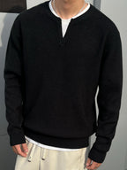 Men'S Notch Henley Long Sleeve Knit Sweater Waffle Textured Crew Split Neck Solid Color Casual Fall Winter Knitted Pullover Top - Black Gray