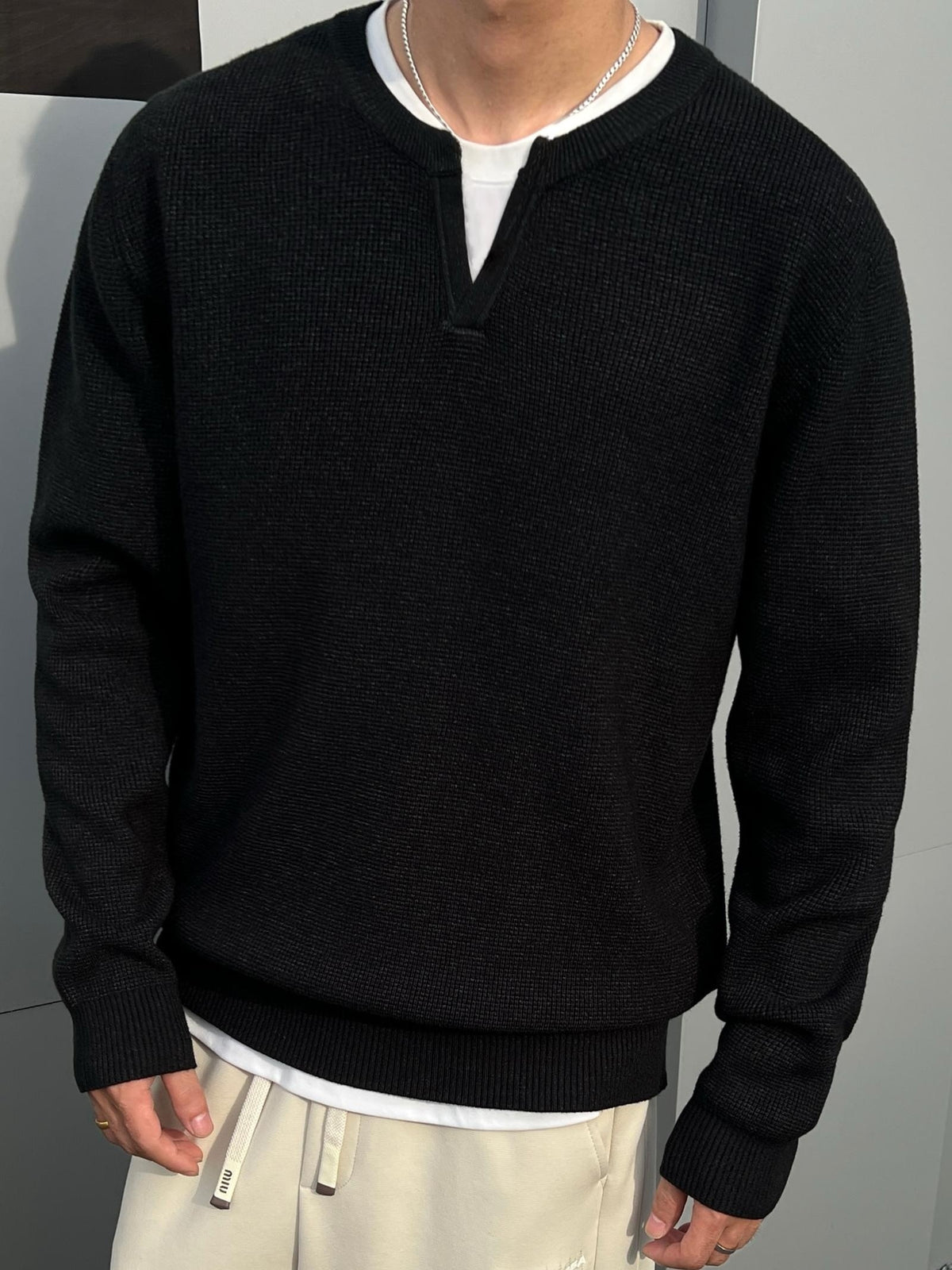 Men'S Notch Henley Long Sleeve Knit Sweater Waffle Textured Crew Split Neck Solid Color Casual Fall Winter Knitted Pullover Top - Black Gray