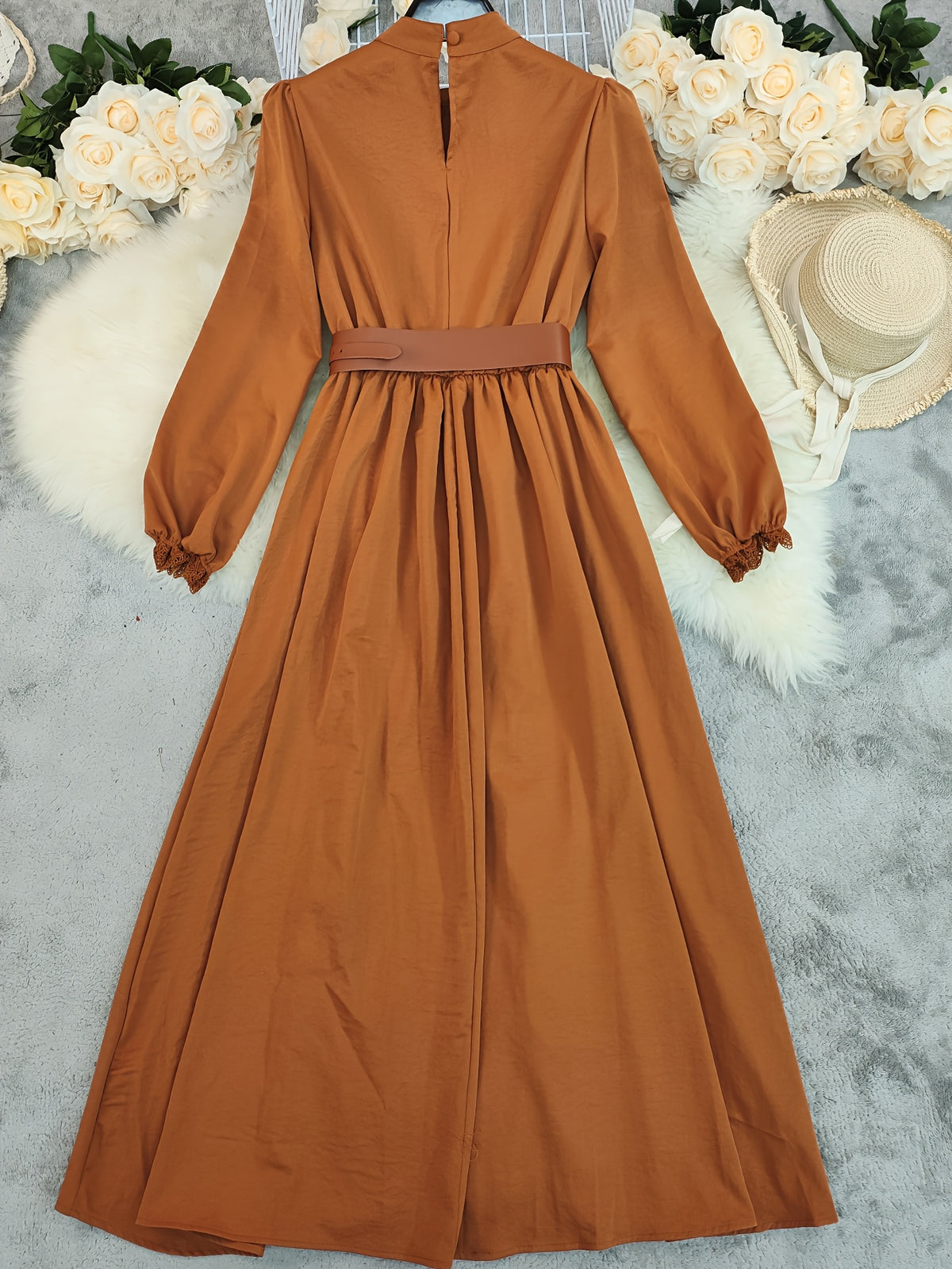 Autumn New Arrival Solid Color Elegant Small Round Neck Long Sleeve Button-Wrap Pleated Skirt with Belt Vintage Women's Long Dress - LN1782 - Orange-Red
