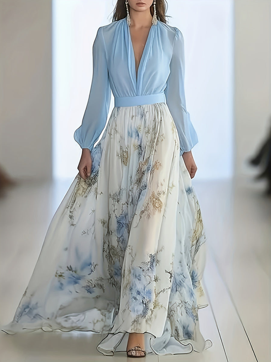 New Women'S Bohemian Style Digital Print Long Sleeve Deep V-Neck Top, Blue Contrast White Lace Waist A-Line Lightweight Tassel Puff Sleeve Flowy Dress, Spring Summer Fall Casual And Formal Occasion Use - Blue Flower Pattern