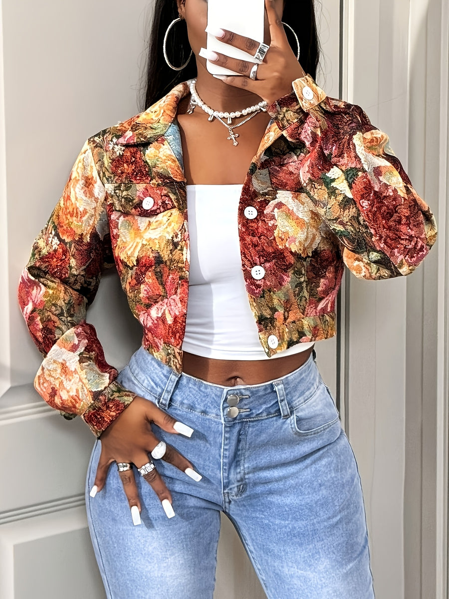 Women's Spring/Autumn Elegant Floral Embroidered Jacket, Fashionable Commuter Lapel Short Outerwear, Casual Floral Front Button Flap Cardigan, Versatile Top - Multicolor