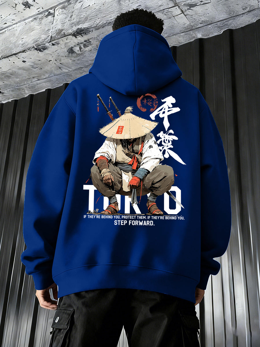 Men'S Japanese Samurai Kendo Warrior Hooded Sweatshirt | Casual Hooded, Heavy-weight, Slight Stretch Fabric, Geometric-pattern, Perfect for Spring/Fall - Blue
