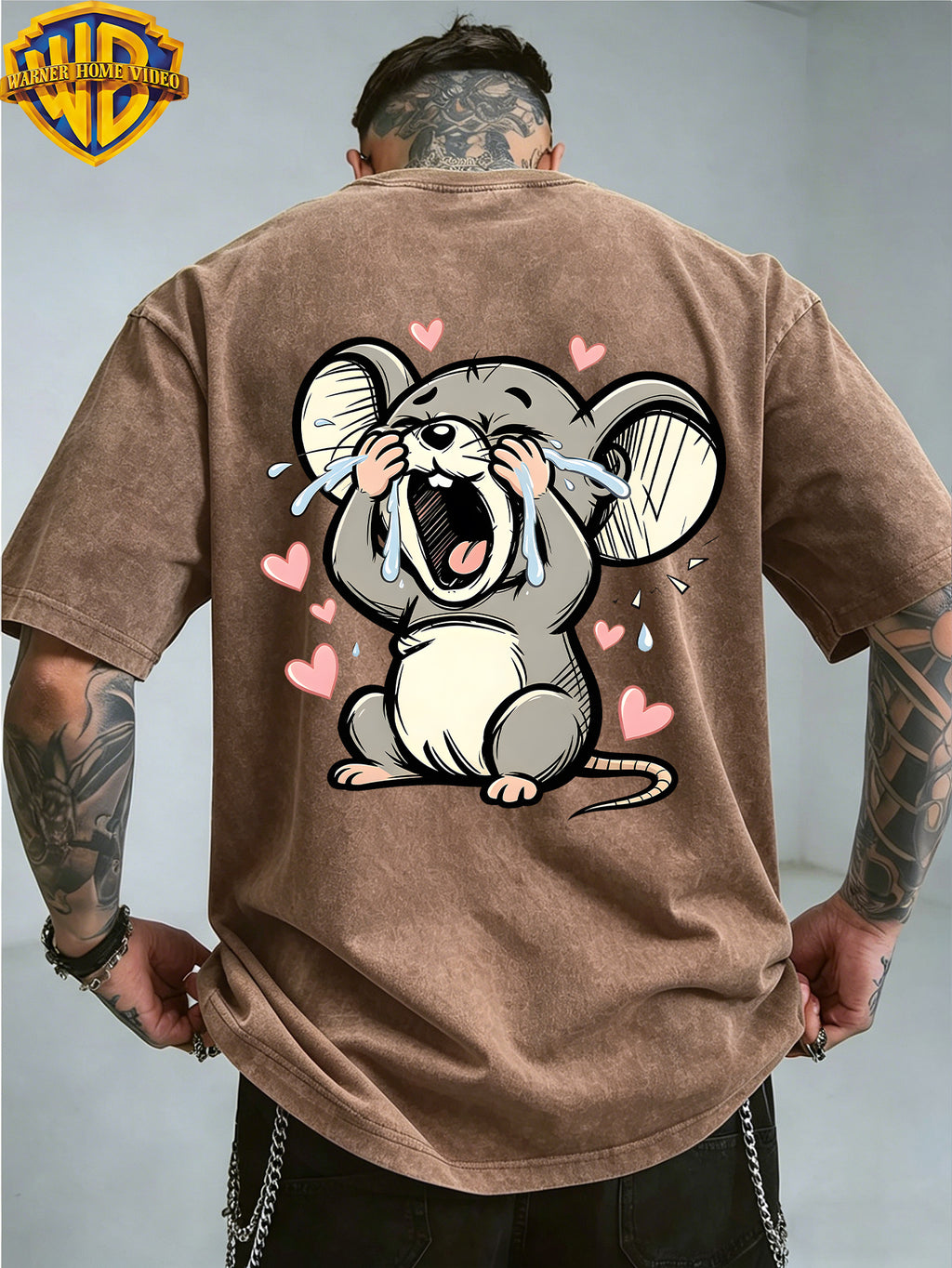Warner Bros. Officially Authorizes Crying on the Floor with Floating Love Print  Washed Outdated Short Sleeve T-shirt for Men and Women, Machine Washable Daily Commuter Outdoor Sports and Leisure Top - Coffee Color