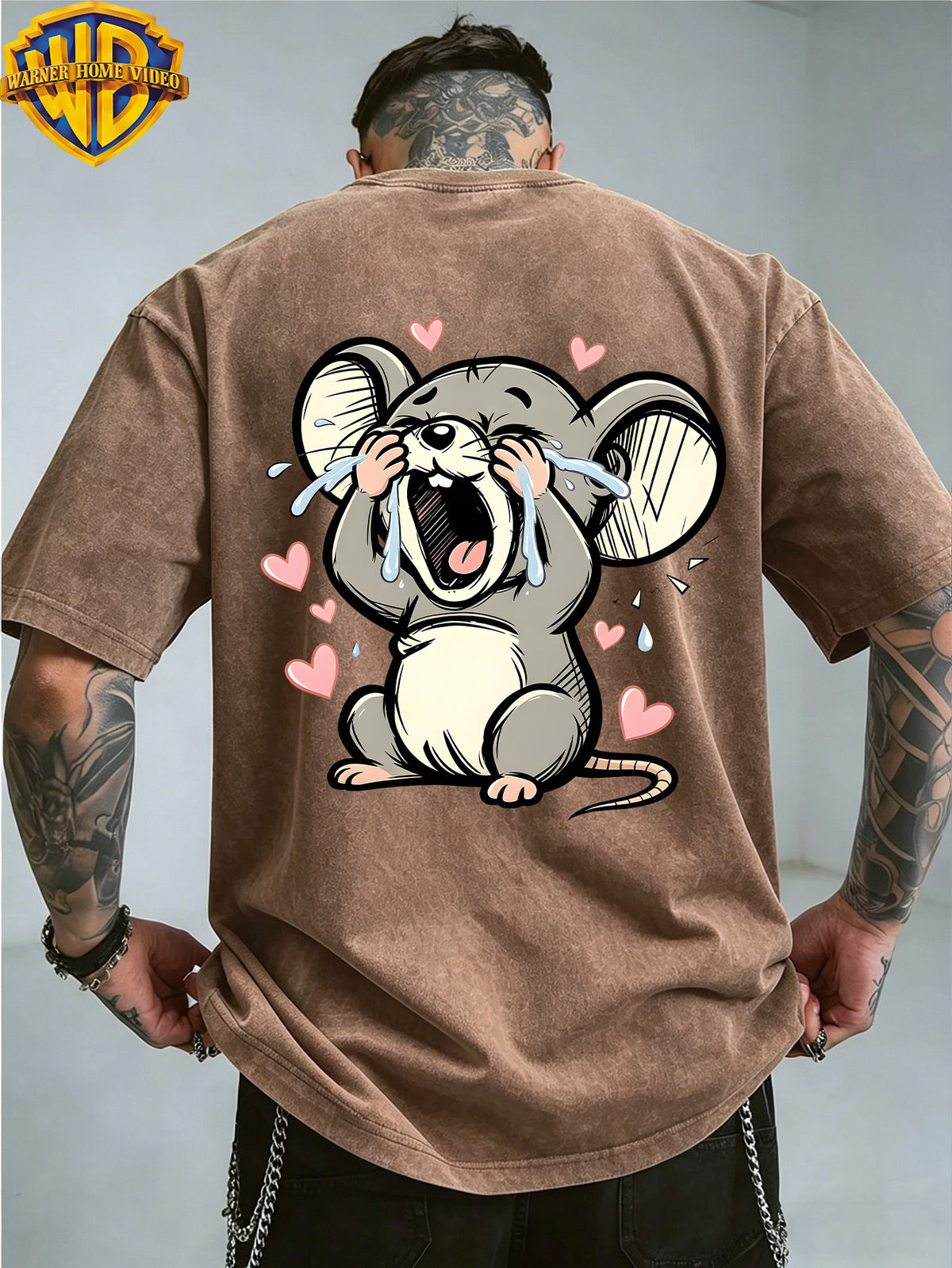 Warner Bros. Officially Authorizes Crying on the Floor with Floating Love Print  Washed Outdated Short Sleeve T-shirt for Men and Women, Machine Washable Daily Commuter Outdoor Sports and Leisure Top - Coffee Color