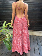 Women'S Elegant Pink Floral Suspender Deep V-Neck Open Back Tie Waist Dress Suitable for Dating Parties Gatherings Beach Vacations - Pink