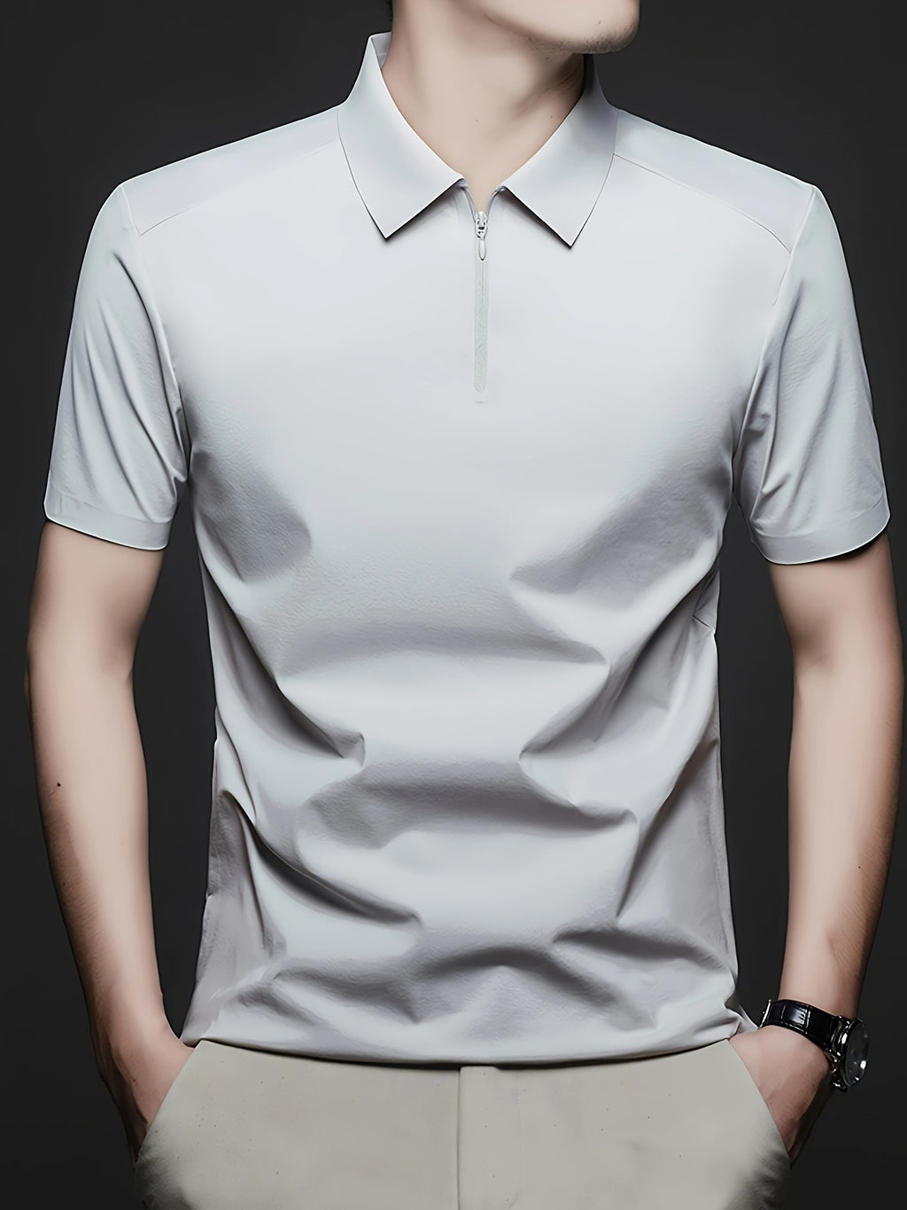Men's Summer Lapel Polo Shirt, Fashionable and Versatile Light Luxury Zipper Top, Business Casual Breathable Short-Sleeve T-Shirt, Suitable for Daily Work Scenes - Light Grey