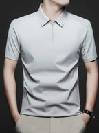 Men's Summer Lapel Polo Shirt, Fashionable and Versatile Light Luxury Zipper Top, Business Casual Breathable Short-Sleeve T-Shirt, Suitable for Daily Work Scenes - Light Grey
