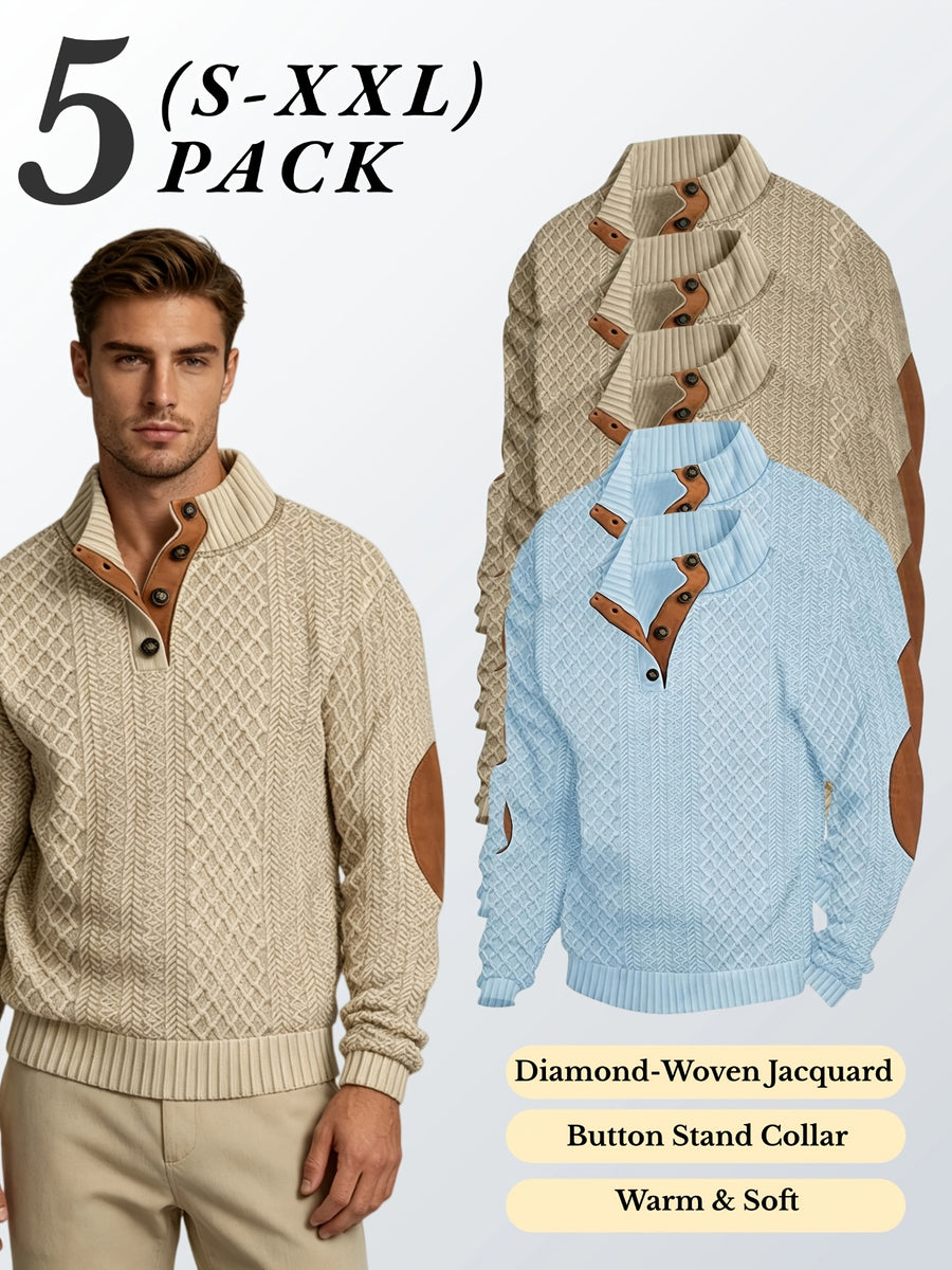5pcs Set Men's Textured Jacquard Knit Vintage Casual Button-Up Stand Collar Long Sleeve Top, Versatile Basic Solid Color for Autumn/Winter Outings and Home Wear - Khaki 3 + Sky Blue 2