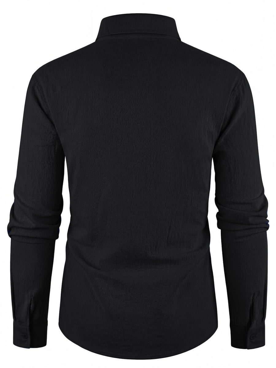 Men's New Printed Linen Shirt, Relaxed Texture, Trendy and Versatile for Daily Commuting, Simple and Clean, American Light Luxury, Suitable for Various Occasions, Vintage, Casual, Easygoing, Relaxed, Artistic, and Understated Men's Shirt - Black
